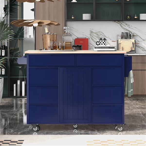 Kitchen Cart with Rubber Wood Countertop , Kitchen Island has 8 Handle-Free Drawers Including a Flatware Organizer and 5 Wheels for Kitchen Dinning Room, Dark Blue