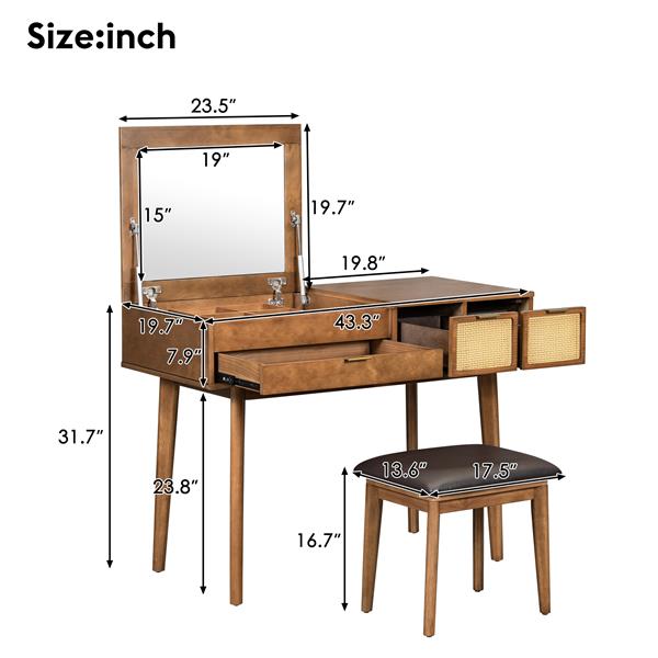 43.3" Classic Wood Makeup Vanity Set with Flip-top Mirror and Stool, Dressing Table with Three Drawers and storage space, Brown