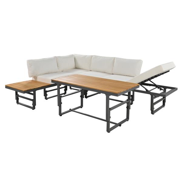 3-Piece Modern Multi-Functional Outdoor Sectional Sofa Set with Height-adjustable Seating and Coffee Table for Patio, Garden and Backyard (Beige)