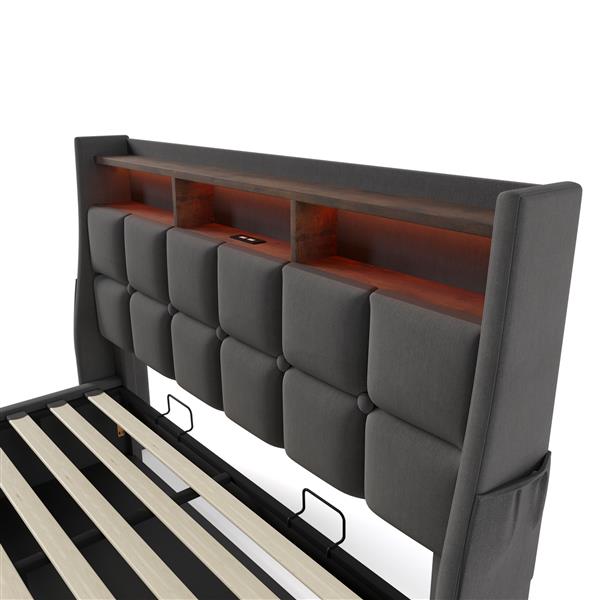 Queen size Upholstered Platform bed with a Hydraulic Storage System, LED and USB Charging, Grey (without mattress)