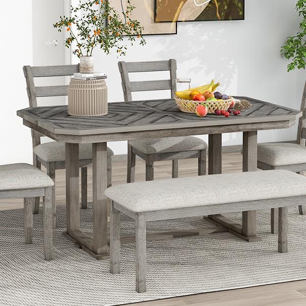 6-Piece Rubber Wood Dining Table Set with Beautiful Wood Grain Pattern Tabletop Solid Wood Veneer and Soft Cushion (Gray)