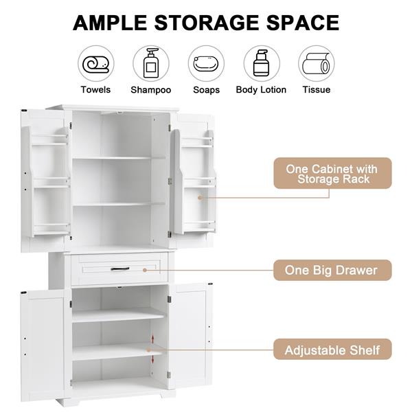 Bathroom Storage Cabinet with Doors and Drawer, Multiple Storage Space, Adjustable Shelf, White