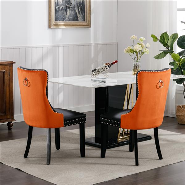 Furniture,Modern, High-end Tufted Solid Wood Contemporary PU and Velvet Upholstered Dining Chair with Wood Legs Nailhead Trim  2-Pcs Set，Black+Orange, SW2101BO