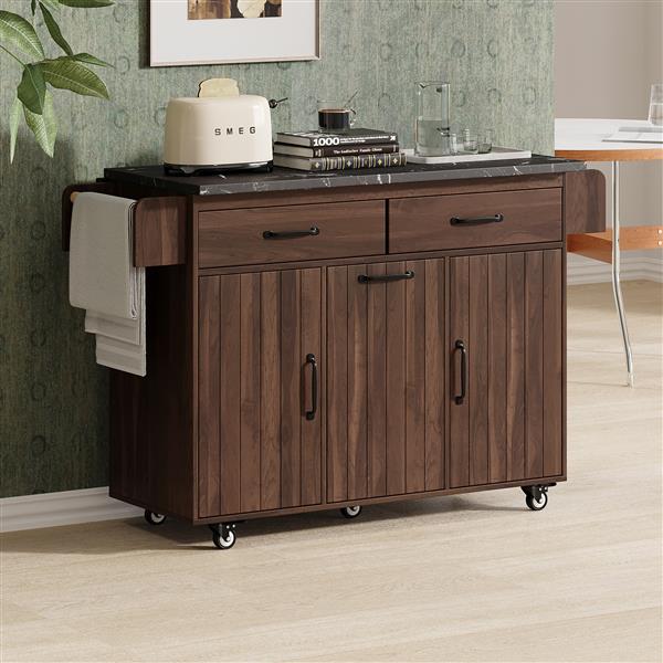 Kitchen Island with Trash Can Storage Cabinet, Kitchen Cart with Drop Leaf, Spice Rack, Towel Rack and Drawer, Rolling Kitchen Island on Wheels with Adjustable Shelf, Walnut Brown