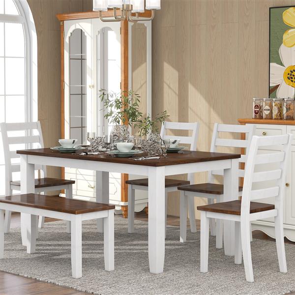 Rustic Style 6-Piece Dining Room Table Set with 4 Ernomic Designed Chairs & a Bench (Walnut + Cottage White)