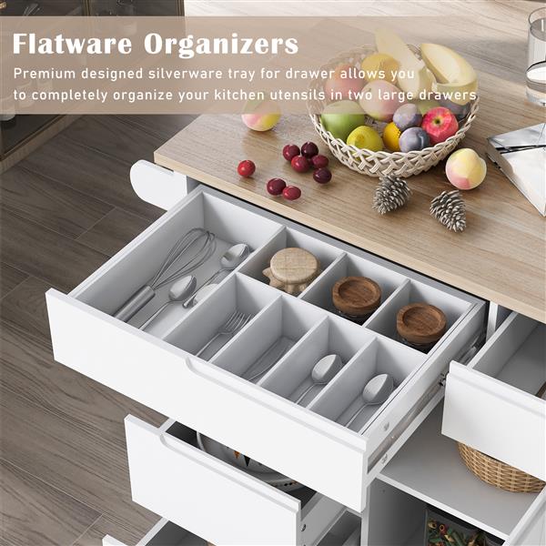 Kitchen Cart with Rubber Wood Countertop , Kitchen Island has 8 Handle-Free Drawers Including a Flatware Organizer and 5 Wheels for Kitchen Dinning Room, White