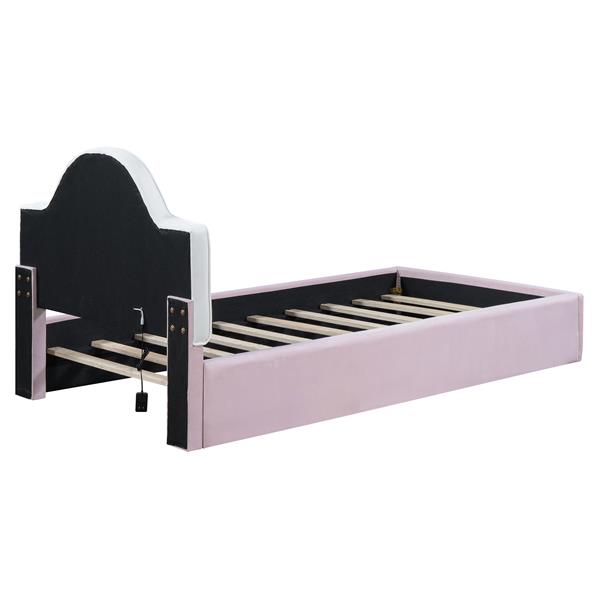 Twin Size Upholstered Platform Bed with LED Headboard, Pink