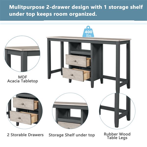 Farmhouse Rustic 3-piece Counter Height Wood Dining Table Set with Cabinet,2 Storage Drawers and 2 Stools for Small Places, Gray and Distressed Light Gray