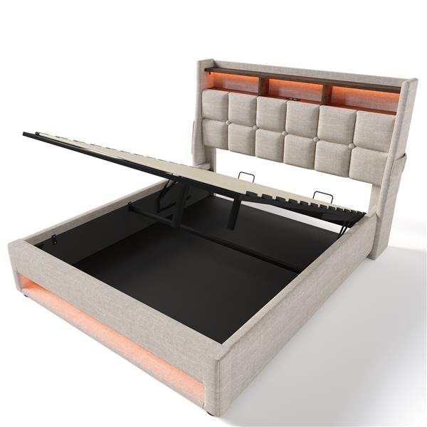 Full size Upholstered Platform bed with a Hydraulic Storage System, LED and USB Charging, Natural (without mattress)