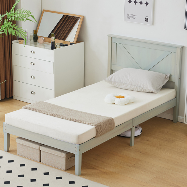 Twin Size Solid Wood Platform Bed Frame with Headboard Gray Wash