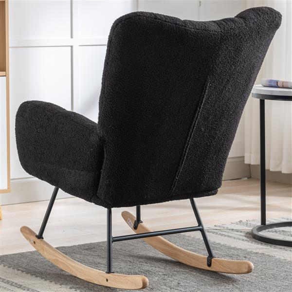 Rocking Chair with Pocket, Soft Teddy Fabric Rocking Chair for Nursery, Comfy Wingback Glider Rocker with Safe Solid Wood Base for Living Room Bedroom Balcony (black)