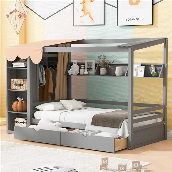 Twin size House Bed with Two Drawers and Wardrobe,Gray