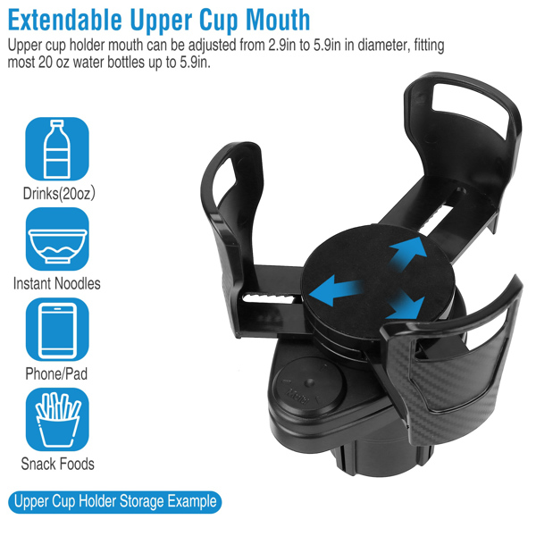 Dual Cup Holder Expander for Car, 2 in 1 Multifunctional Car Cup Holder Extender with Adjustable Base All Purpose for 360° rotatable base of the upper cup holder with Most Cars