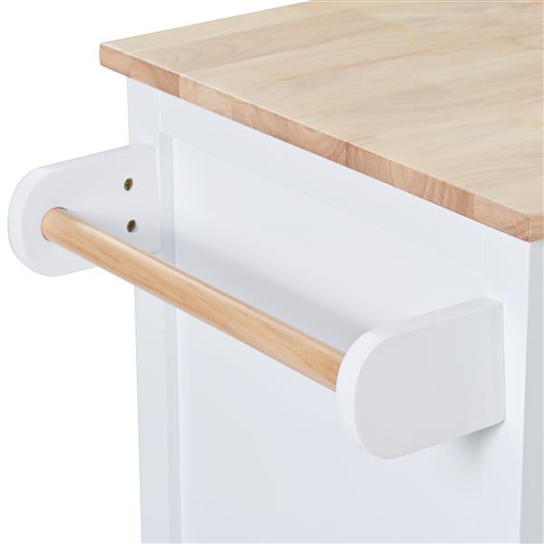 Kitchen Cart with Rubber Wood Countertop , Kitchen Island has 8 Handle-Free Drawers Including a Flatware Organizer and 5 Wheels for Kitchen Dinning Room, White