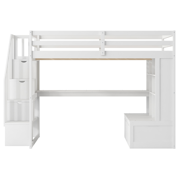 Full Size Loft Bed with Desk and Shelves, Two Built-in Drawers, Storage Staircase, White 