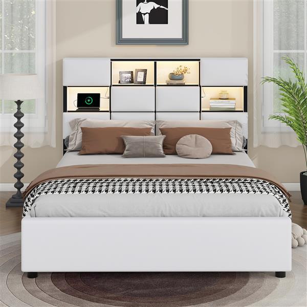 Queen Size Upholstered Platform Bed with LED, Storage and USB, Beige