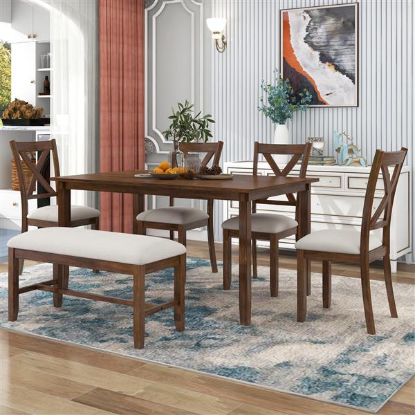 6-Piece Kitchen Dining Table Set Wooden Rectangular Dining Table, 4 Fabric Chairs and Bench Family Furniture (Natural Cherry)