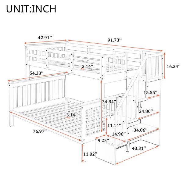 Stairway Twin-Over-Full Bunk Bed with Storage and Guard Rail for Bedroom, Gray color