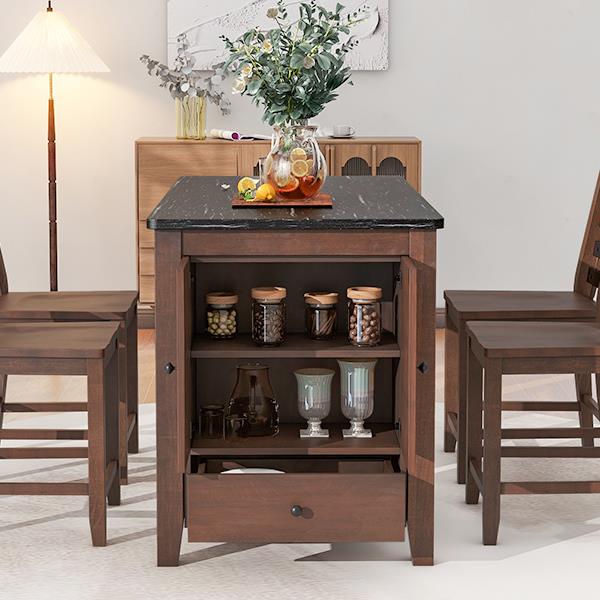 Counter Height 5-piece Dining Table Set with Faux Marble Tabletop, Solid Wood Table Set with Storage Cabinet and Drawer, Dark walnut