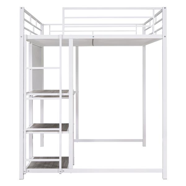 Full Size Loft Bed with Desk and Whiteboard, Metal Loft Bed with 3 Shelves and Ladder, White