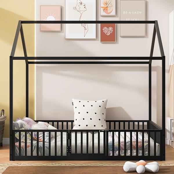 Full Size Metal House Bed with Fence and Door, Black