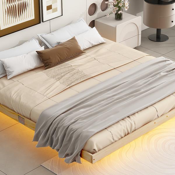 King Size Floating Bed with LED Lights Underneath,Modern King Size Low Profile Platform Bed with LED Lights,Natrual