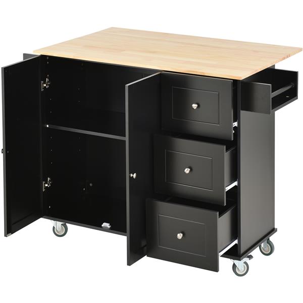 Rolling Mobile Kitchen Island with Solid Wood Top and Locking Wheels,52.7 Inch Width,Storage Cabinet and Drop Leaf Breakfast Bar,Spice Rack, Towel Rack & Drawer (Black)