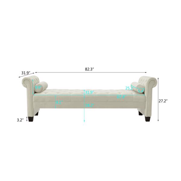 Ivory, Solid Wood Legs Velvet Rectangular Sofa Bench with Attached Cylindrical Pillows