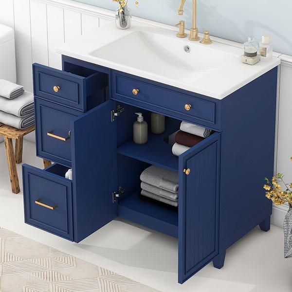 36-inch Bathroom Vanity, Transitional Style Bathroom Cabinet with Resin Sink, Navy Blue Single Bathroom Cabinet, with 2 Drawers and 1 Adjustable Storage Shelf, 2 Soft-close Doors