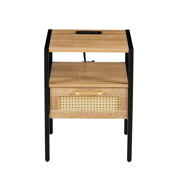 Set of 2, 15.75" Rattan End table with Power Outlet & USB Ports , Modern nightstand with drawer and metal legs, side table for living room, bedroom,natural