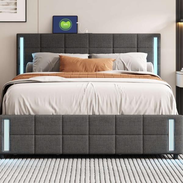 Queen Size Upholstered Platform Bed with LED Lights and USB Charging, Storage Bed with 4 Drawers, Gray(Linen)