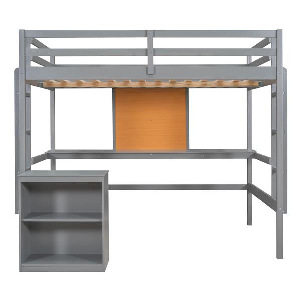 Full size Loft Bed with Desk and Writing Board, Wooden Loft Bed with Desk & 2 Drawers Cabinet- Gray