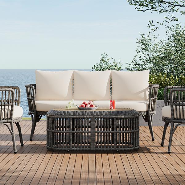 4-Piece Rattan Outdoor Patio Conversation Set with Seating Set for 5 and Coffee Table for Porch, Backyard and Garden (Grey)