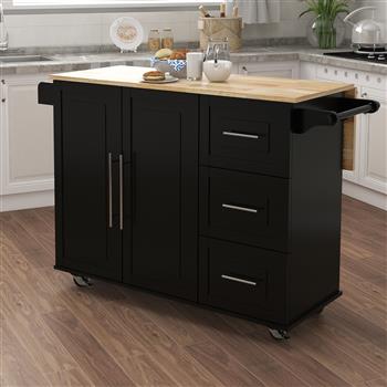 Kitchen Island with Spice <b style=\\'color:red\\'>Rack</b>, Towel <b style=\\'color:red\\'>Rack</b> and Extensible Solid Wood Table Top-Black