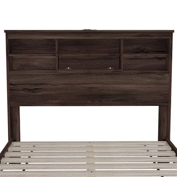 Queen Size Wooden Platform Bed with Storage Headboard,American Country Style Bed with USB Charging Ports,Dark Walnut