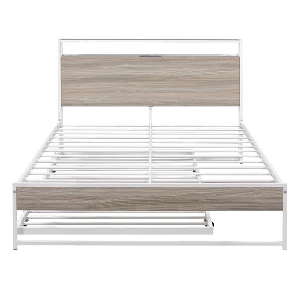 Full Size Metal Platform Bed Frame with Trundle, USB Ports and Slat Support ,No Box Spring Needed White