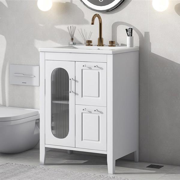 24" Bathroom Vanity with Sink, Bathroom Vanity Cabinet with Two Drawers and Door, Adjustable Shelf, Solid Wood and MDF, White