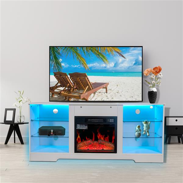 Fireplace TV Stand With 18 Inch Electric Fireplace Heater,Modern Entertainment Center for TVs up to 62 Inch With Adjustable Glass Shelves and Storage Cabinets  ( White )