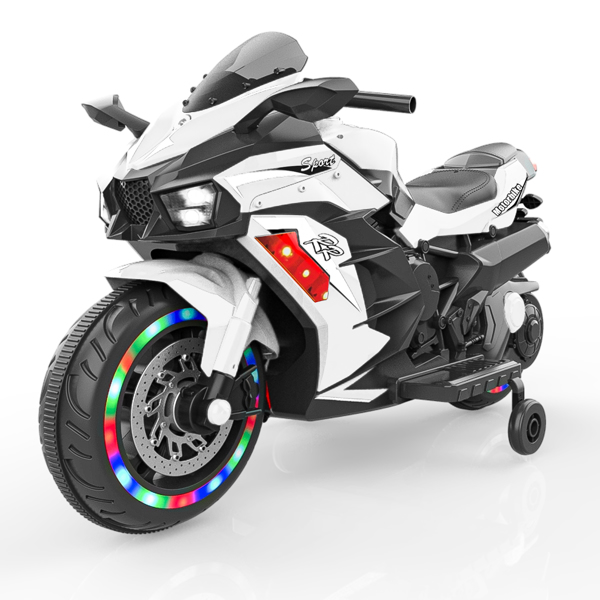 12V Electric Motorcycle for Kids, Powered Toy Motorcycle, Child Motorcycle Ride On with Light Wheels and Bluetooth Music White