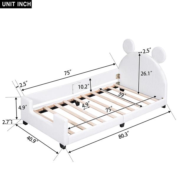 Teddy Fleece Twin Size Upholstered Daybed with Carton Ears Shaped Headboard, White