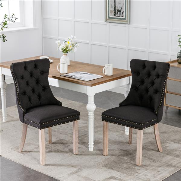 Modern, High-end Tufted Solid Wood Contemporary Flax Upholstered Linen Dining Chair with Wood Legs Nailhead Trim 2-Pcs Set,Black Linen, SW6801BK