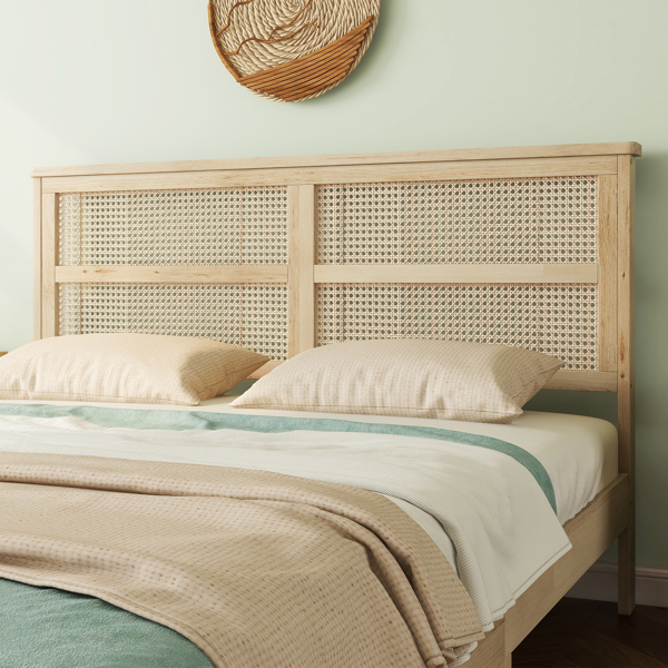 Queen Size Rubber Wooden, Solid Wooden Bed with Rattan Headboard, Enhanced by Support Feet 