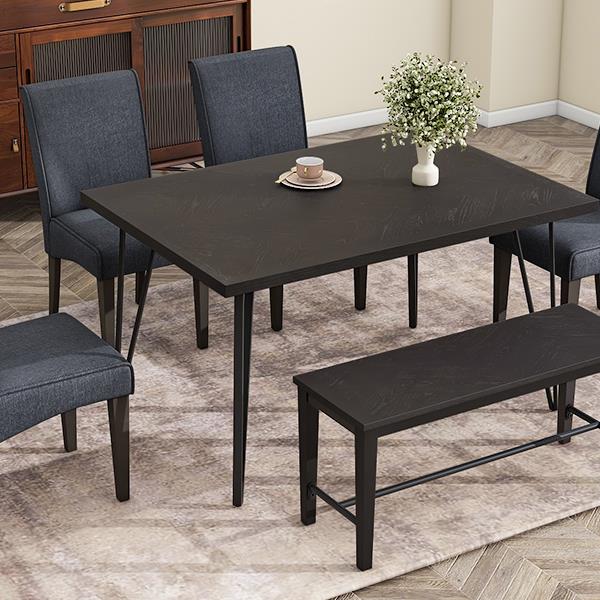 Modern 6-Piece Dining Table Set with V-Shape Metal Legs, Wood Kitchen Table Set with 4 Upholstered Chairs and Bench for 6,Espresso