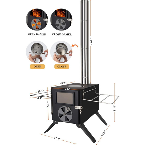 Camping Stove for Hot Tents, Carbon Steel Wood Burning Stove with Stainless Wall Chimney Pipes for Tents, Shelter, Outdoor Portable Stove for Camping and Cooking，Black