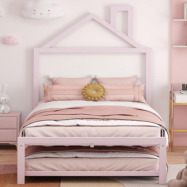 Twin Size Metal Platform Bed with twin size trundle,House-Shaped Headboard Design, Pink