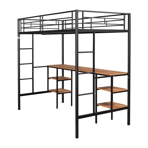 Twin-size Loft Bed with Table & Shelves/ Heavy-duty Sturdy Metal/ Built-in Table & Shelves/ Noise Reduced/ Safety Guardrail/ 2 Side Ladders/ CPC Certified/ No Box Spring Needed