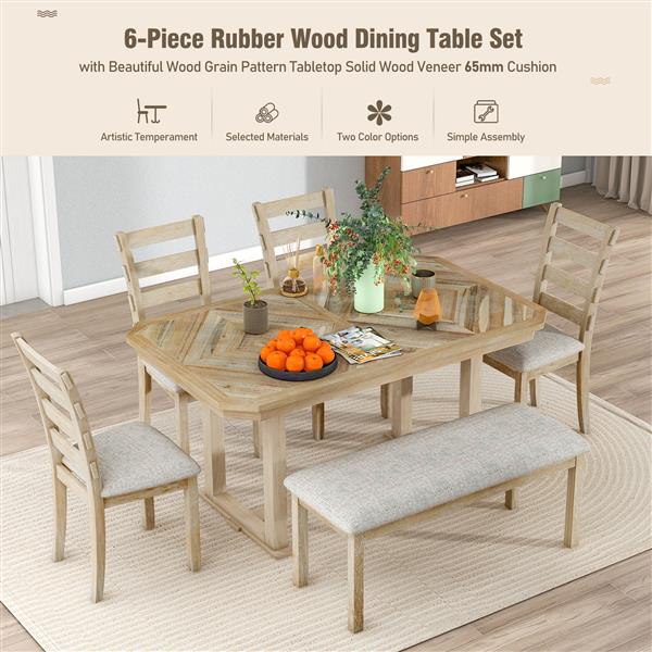 6-Piece Rubber Wood Dining Table Set with Beautiful Wood Grain Pattern Tabletop Solid Wood Veneer and Soft Cushion (Natural Wood Wash)