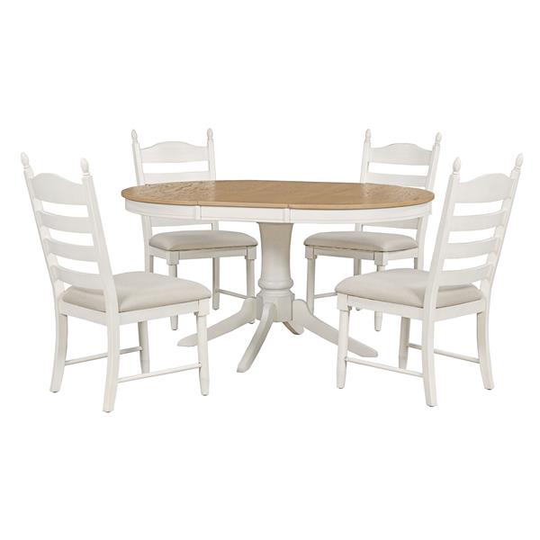 5-Piece Retro Functional Dining Table Set Wood Round Extendable Dining Table and 4 Upholstered Dining Chairs (Off White)