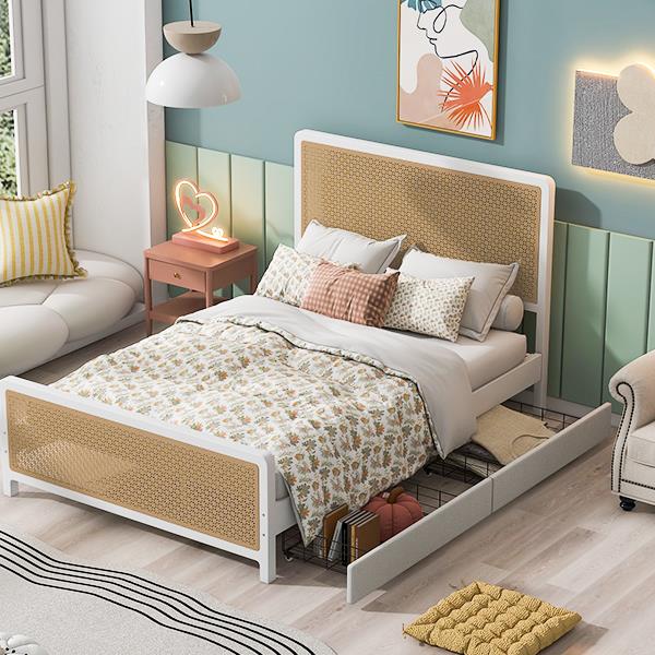 Queen Size Metal Platform Bed with 2 Drawers, White