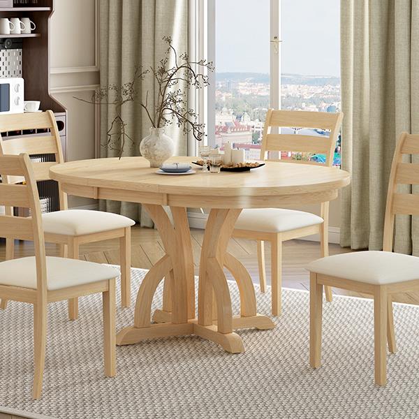 5-Piece Farmhouse Round Pedestal Extending Dining Table Set Extendable Kitchen Table Set with 15.8" Removable Leaf and Ladder Back Dining Chairs for Small Places, Natural